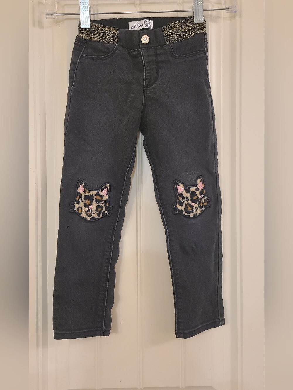 Jordache Girls' Charcoal Skinny Jeans with Leopard Cat Knee Patches Size 5T